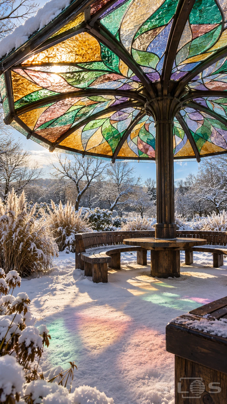Sunlight passes through a stained glass shelter and colors the snow around a wooden bench in a quiet winter garden.