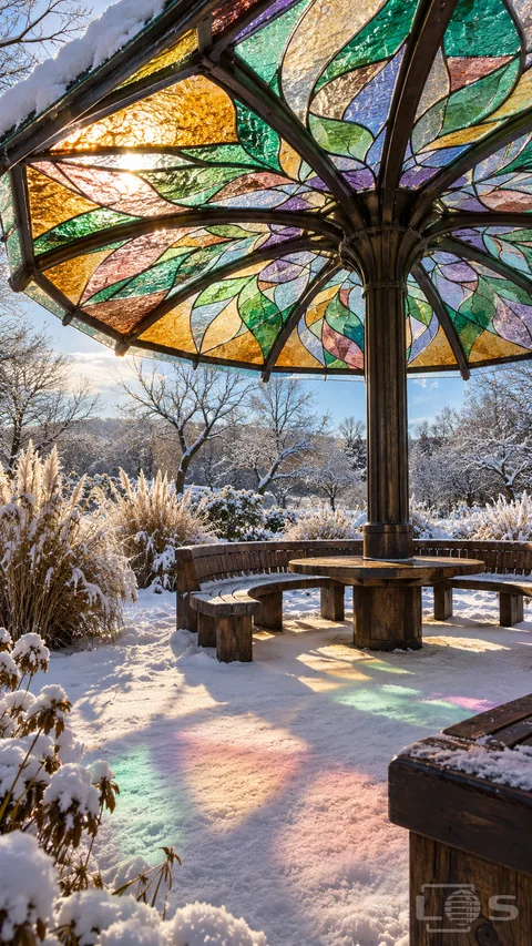 Sunlight passes through a stained glass shelter and colors the snow around a wooden bench in a quiet winter garden.