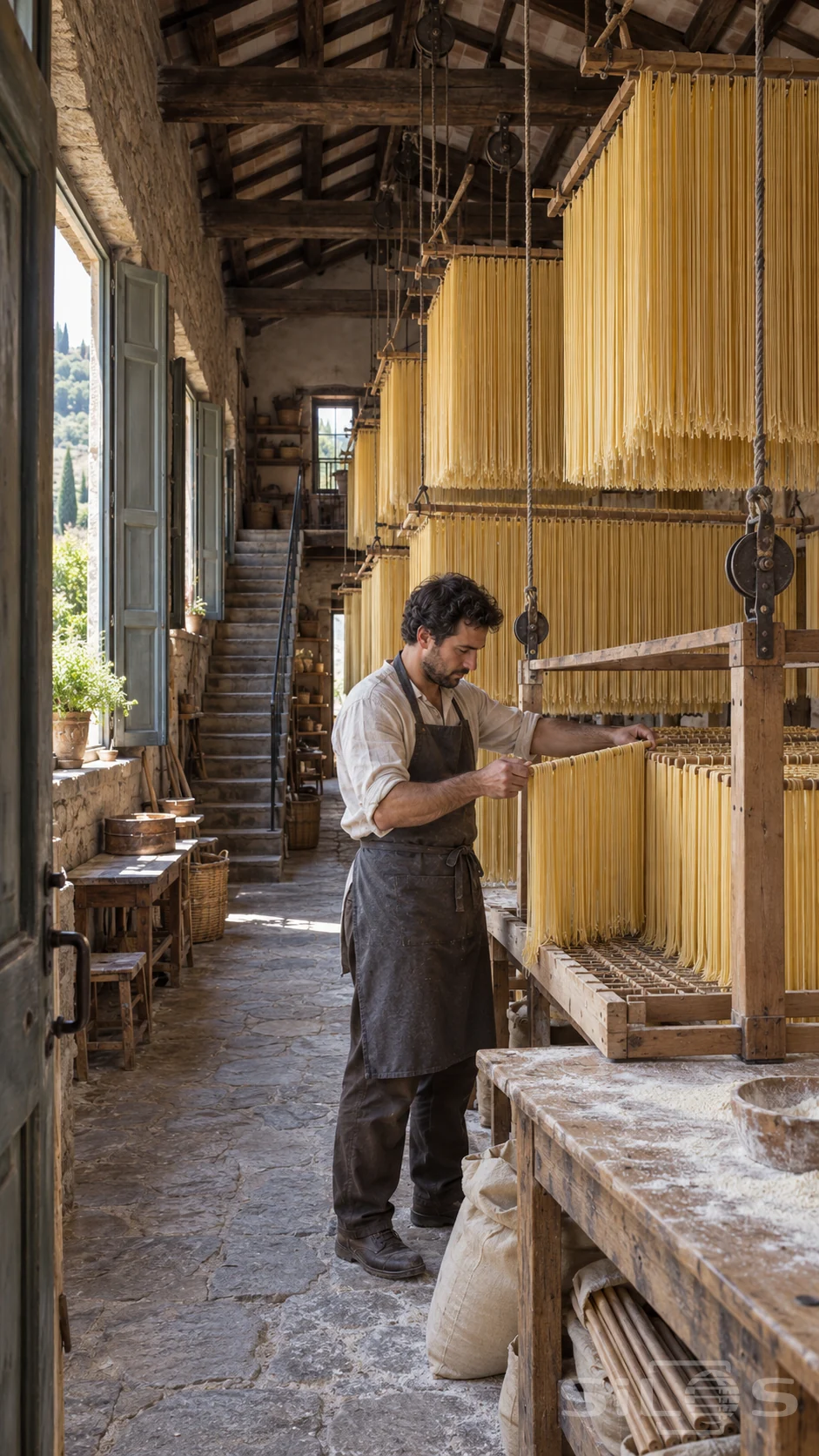 A dark-haired pasta maker loads a wooden drying frame beneath high curtains of fine golden spaghetti in a stone and timber loft.