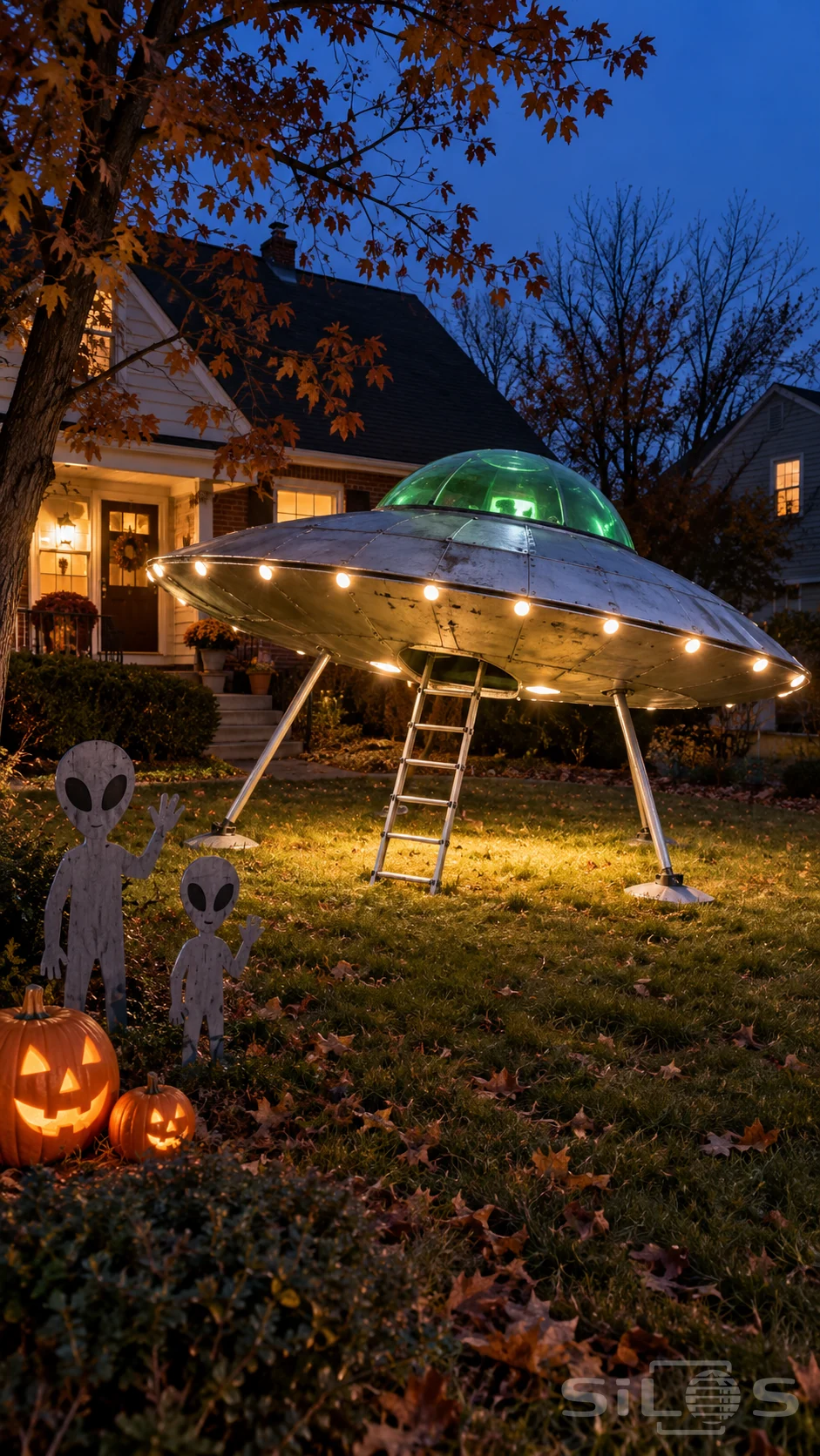 A Halloween saucer prop rests on angled metal legs beside alien cutouts and pumpkins in a quiet front yard at dusk.