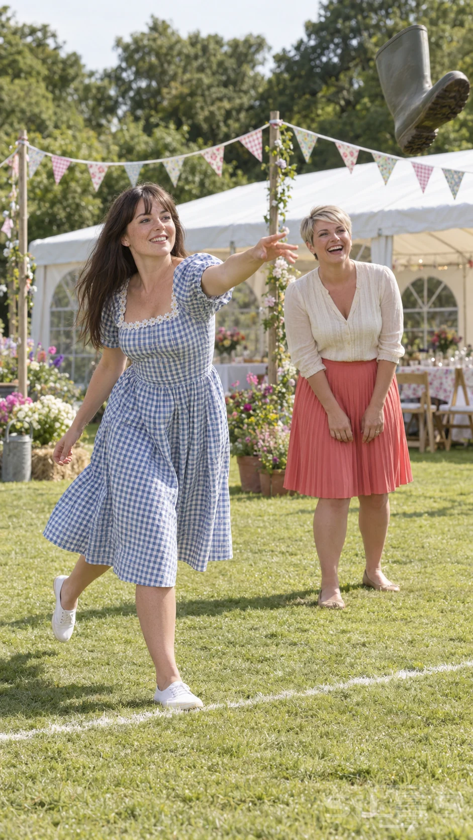 A woman in a blue gingham dress makes a Wellington boot throw while her friend laughs beside a garden fete marquee.