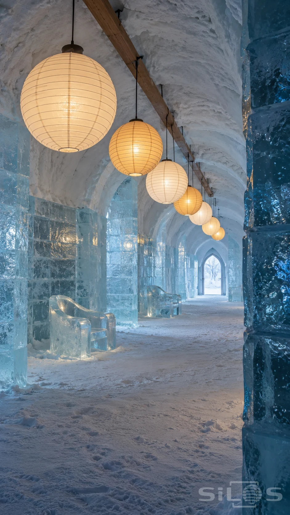 Warm paper lanterns hang from a timber beam beneath a blue ice vault, with clear chairs along the wall and snow underfoot.