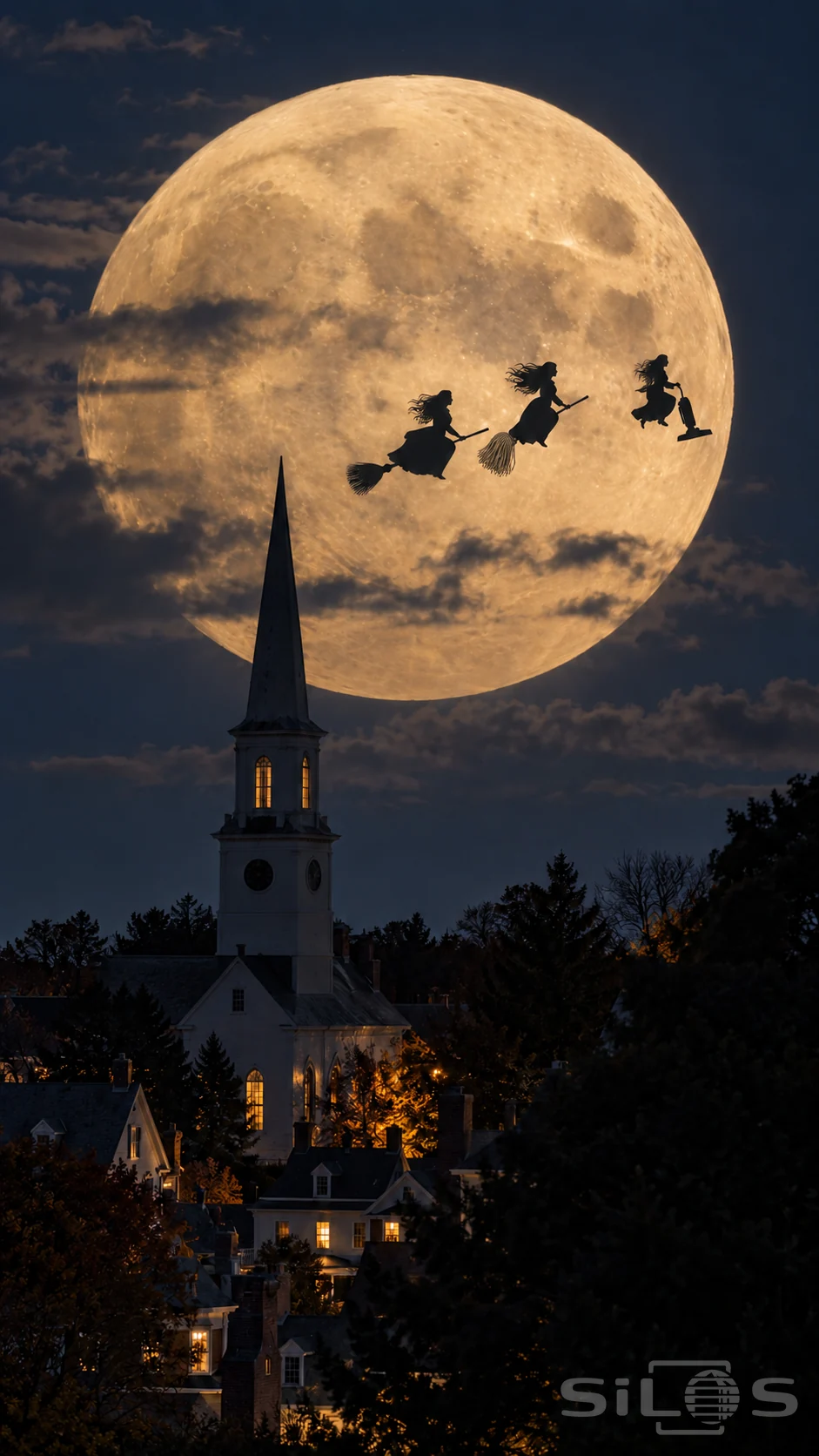 Three small women ride a broom, a mop and an upright vacuum across a huge golden moon above a dark town and plain steeple.