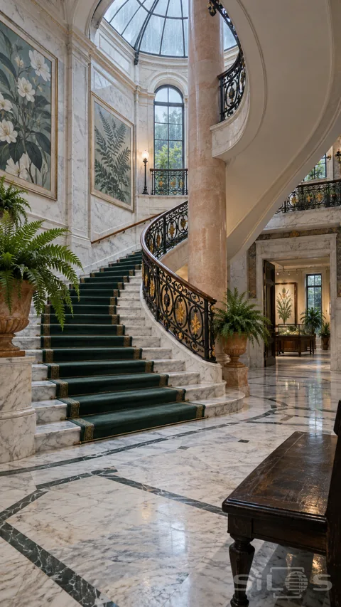 Curving marble staircase with a dark green runner; ornate iron railings; pink stone column; ferns and large botanical paintings.
