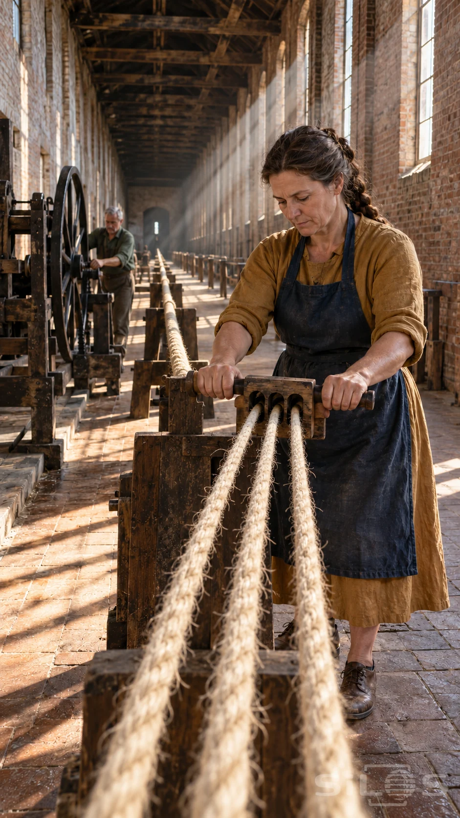 A woman guides three hemp strands through a wooden block in a brick ropewalk, with a second worker at a large wheel.