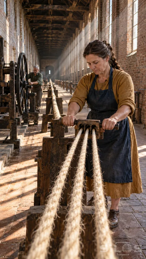 A woman guides three hemp strands through a wooden block in a brick ropewalk; with a second worker at a large wheel.