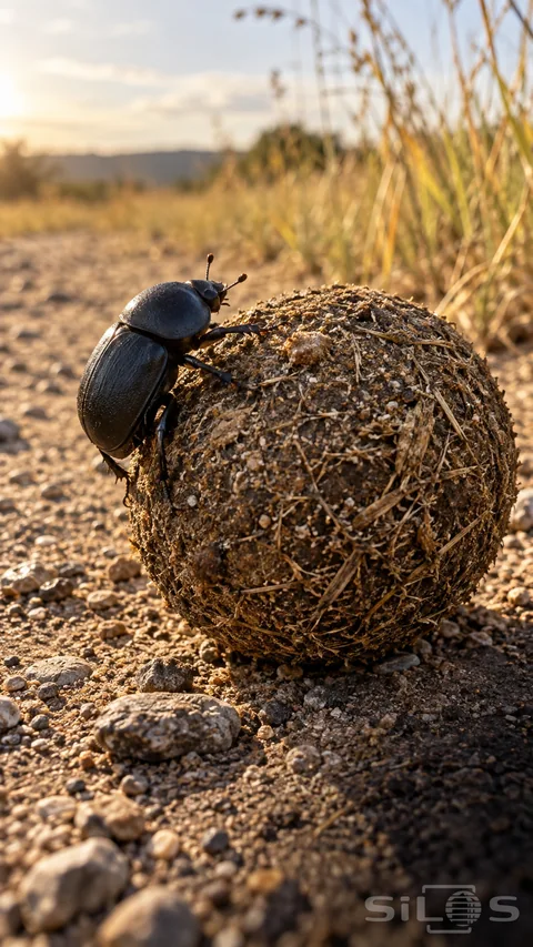 A black dung beetle grips the side of a rough brown dung ball on a sandy path; with dry grass and scattered pebbles behind.