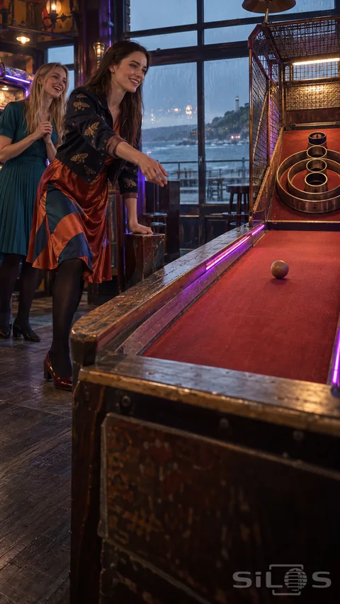 Arcade ball roll beside a red felt lane; with a woman in a moth embroidered jacket and rust satin dress as her friend laughs.