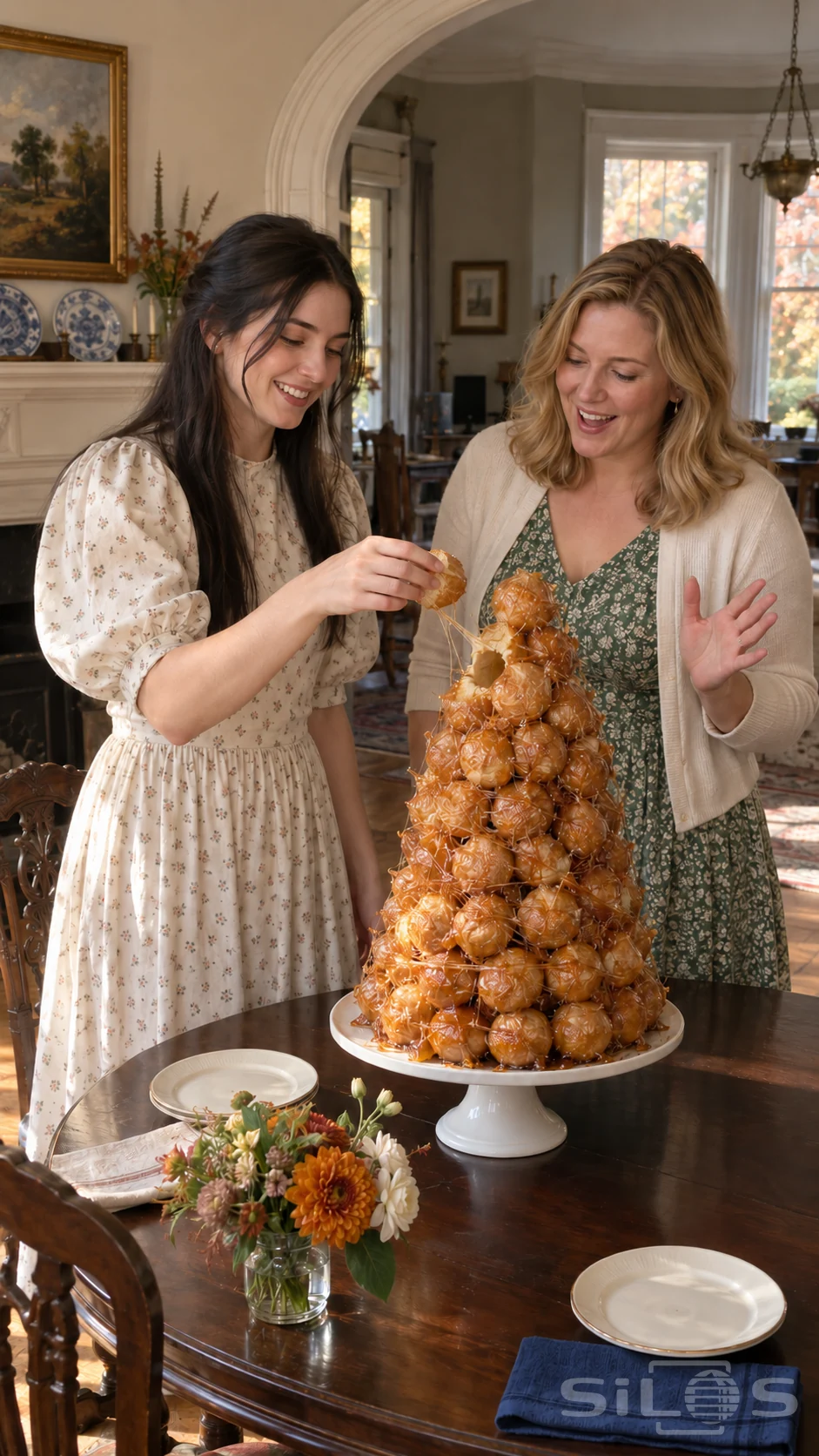 Two women laugh beside a croquembouche as one lifts a cream puff trailing caramel threads in a sunlit dining room.
