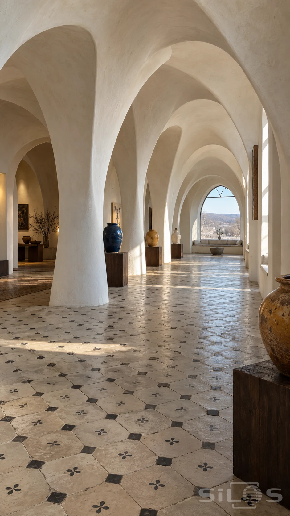 Long ceramic gallery with curved ivory plaster arches, cream patterned floor tiles, coloured vessels on wooden plinths and a far window seat.