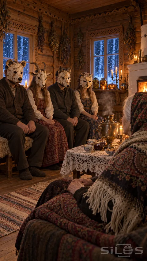 Four relatives wearing birch-bark bear goat wolf and owl masks sit opposite a shawled grandmother in a candlelit wooden cottage.