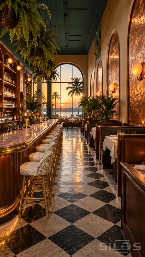 Tall dining room with a pink marble bar; white rattan stools; copper wall panels; hanging ferns and a palm-framed sunset window.