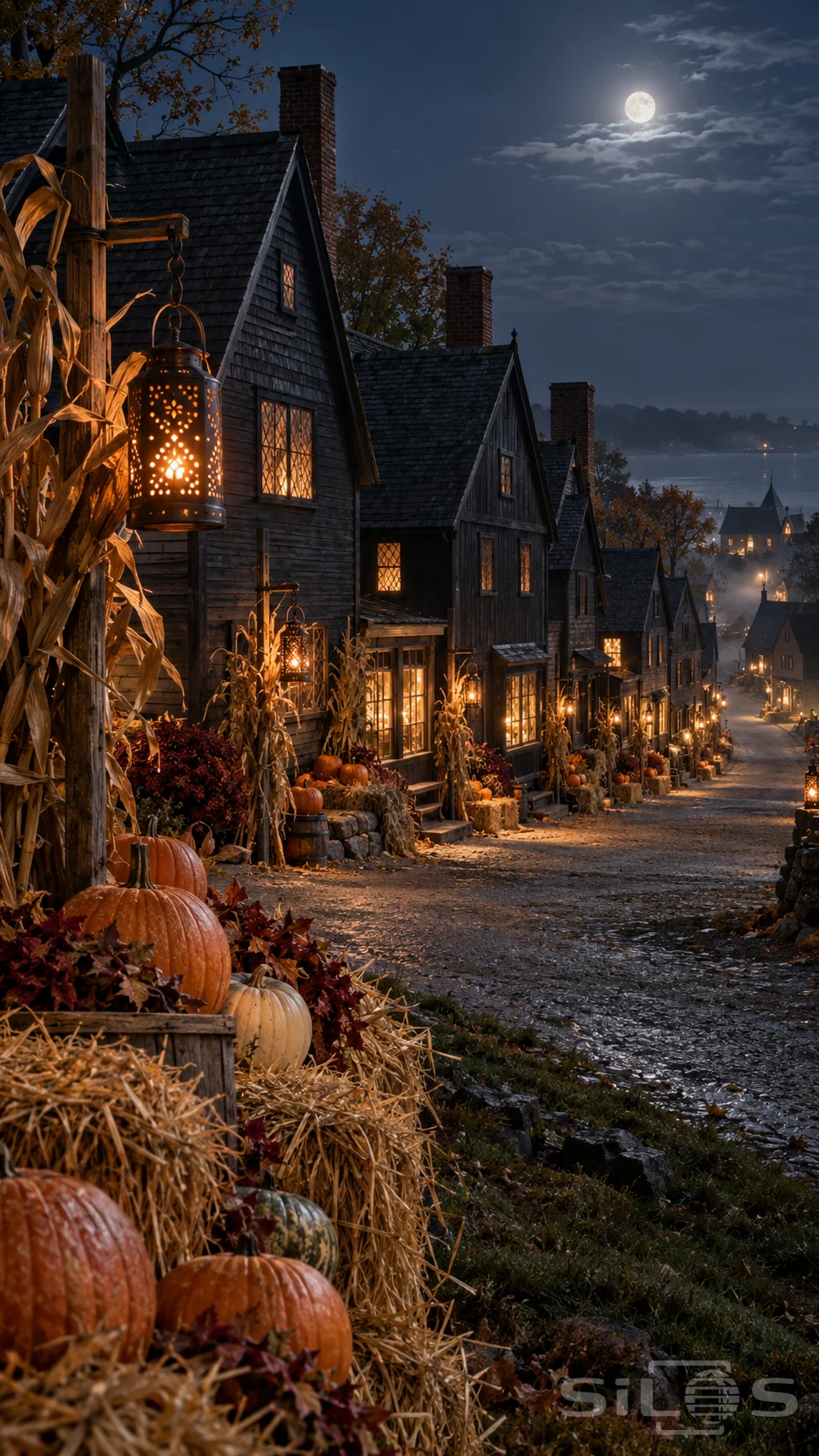 A deserted sloping street of dark gabled timber buildings, lined with glowing tin lanterns, pumpkins, straw bales and dried corn.
