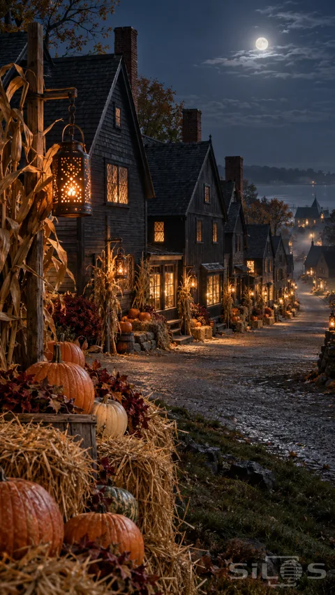 A deserted sloping street of dark gabled timber buildings; lined with glowing tin lanterns; pumpkins; straw bales and dried corn.