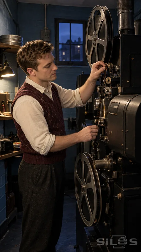 A cinema projectionist carefully threads film through a tall black projector with upper and lower reels in a blue booth.