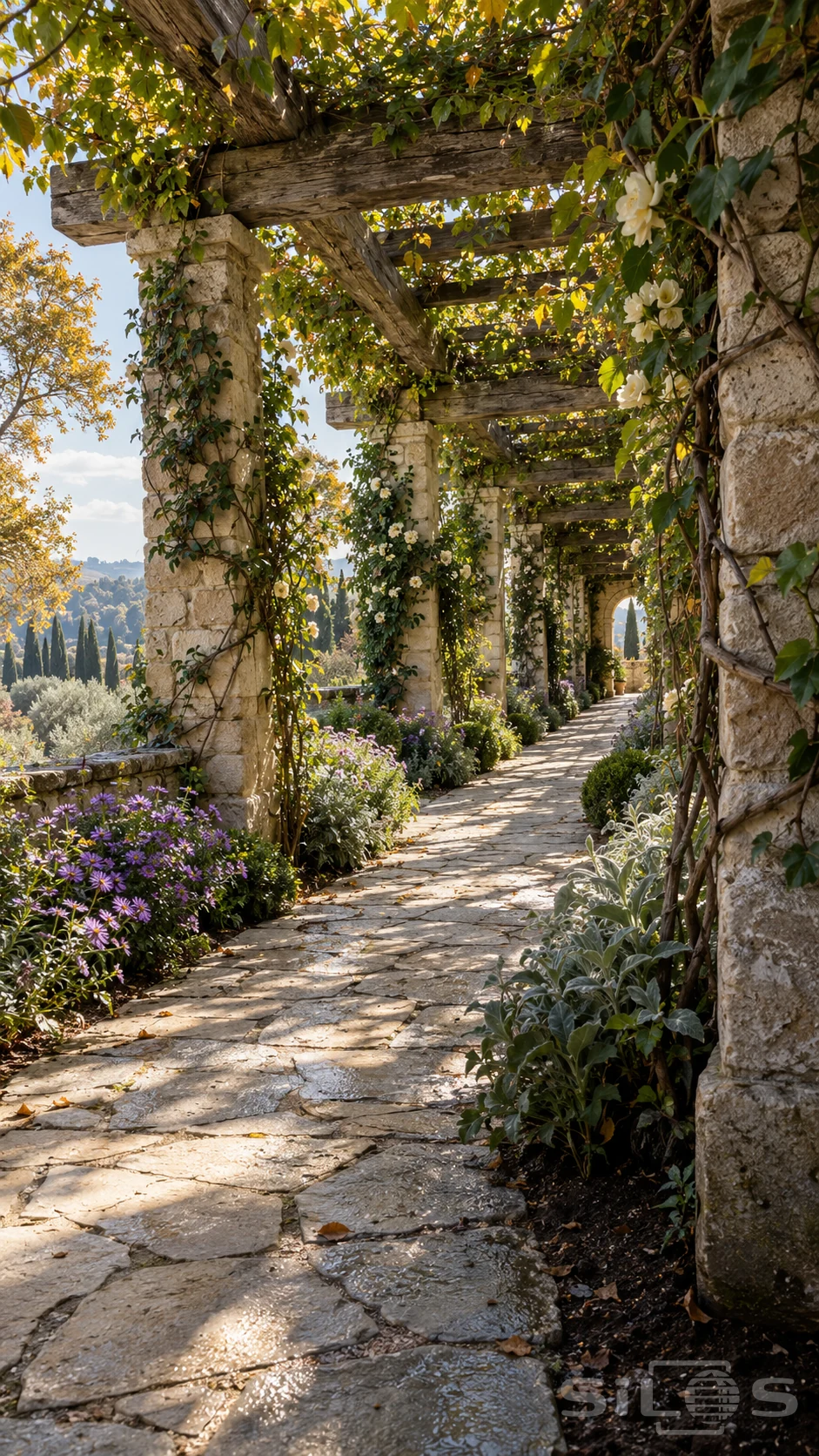 A long stone pergola with heavy timber beams shelters a flagstone path bordered by purple asters, silvery leaves and climbing white roses.
