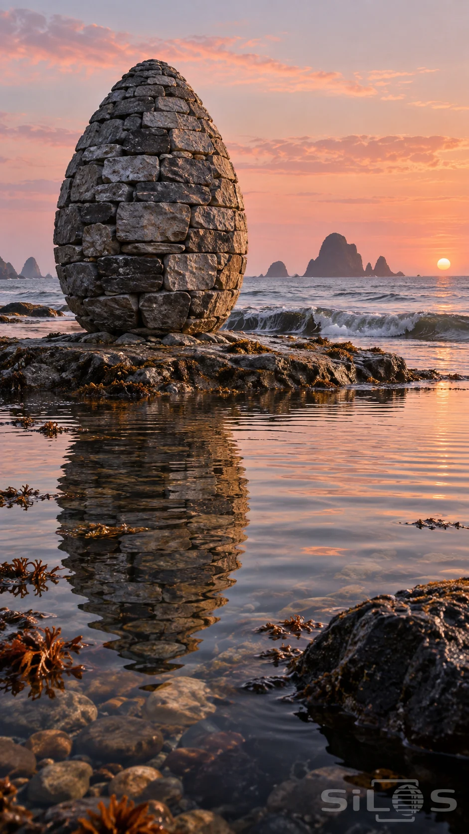 A stone egg sculpture stands on rock in a shallow tidal pool, reflected beside seaweed and pebbles.