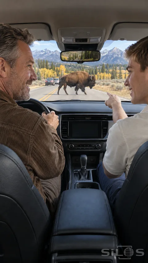 A father and adult son watch a bison crossing an autumn park road through the windshield of their stopped car.