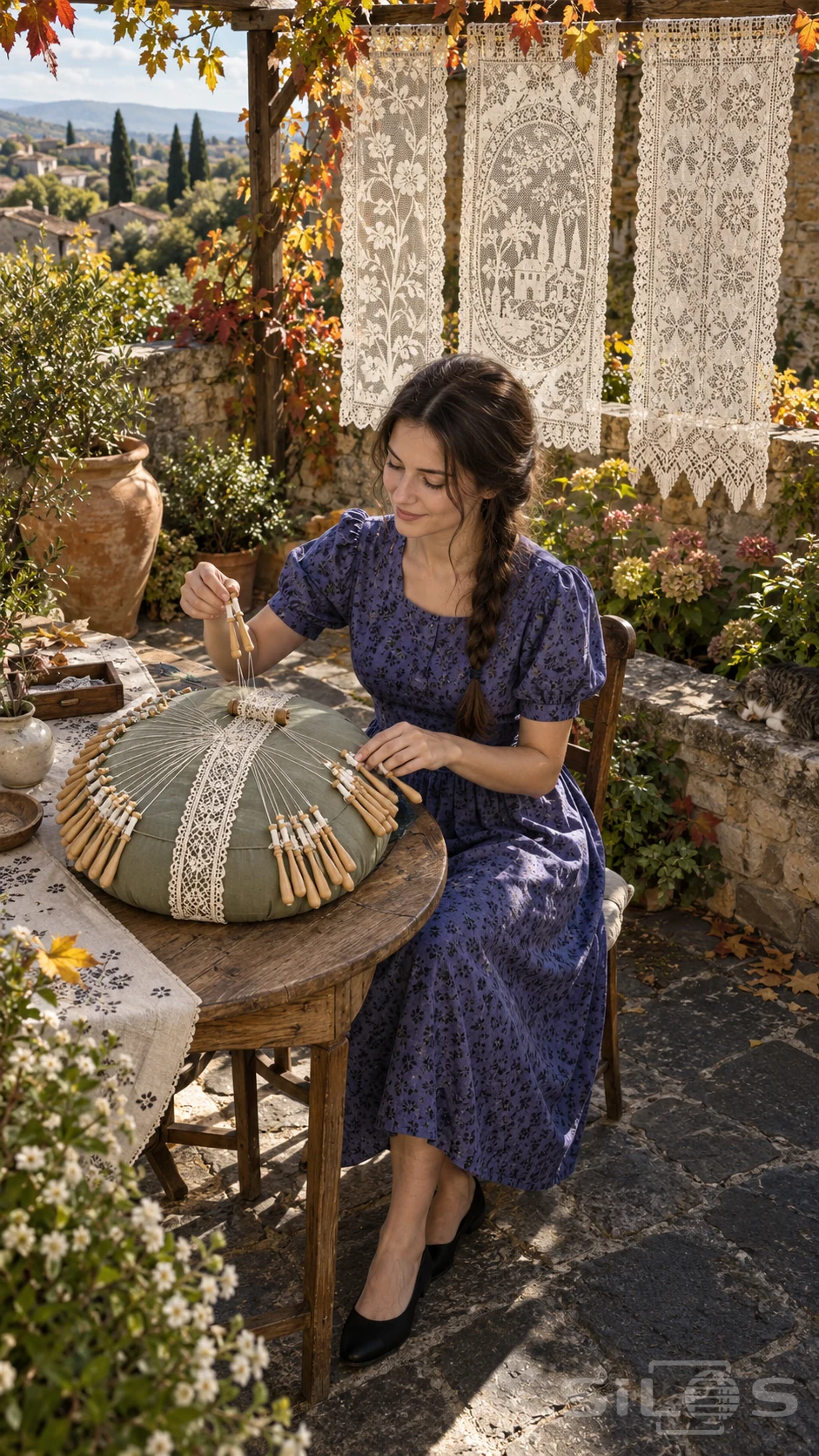 A woman in a violet patterned dress makes bobbin lace on a green pillow beneath hanging lace panels.