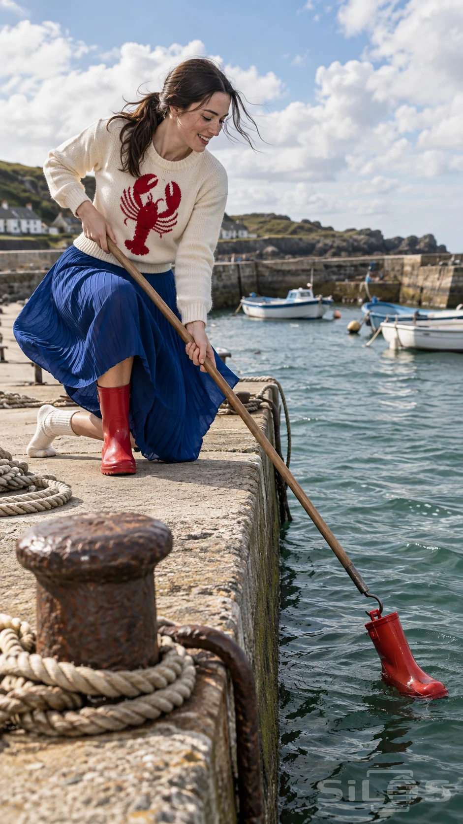 A woman in an ivory lobster knit and blue pleated skirt hooks a floating red boot beside a harbour quay.