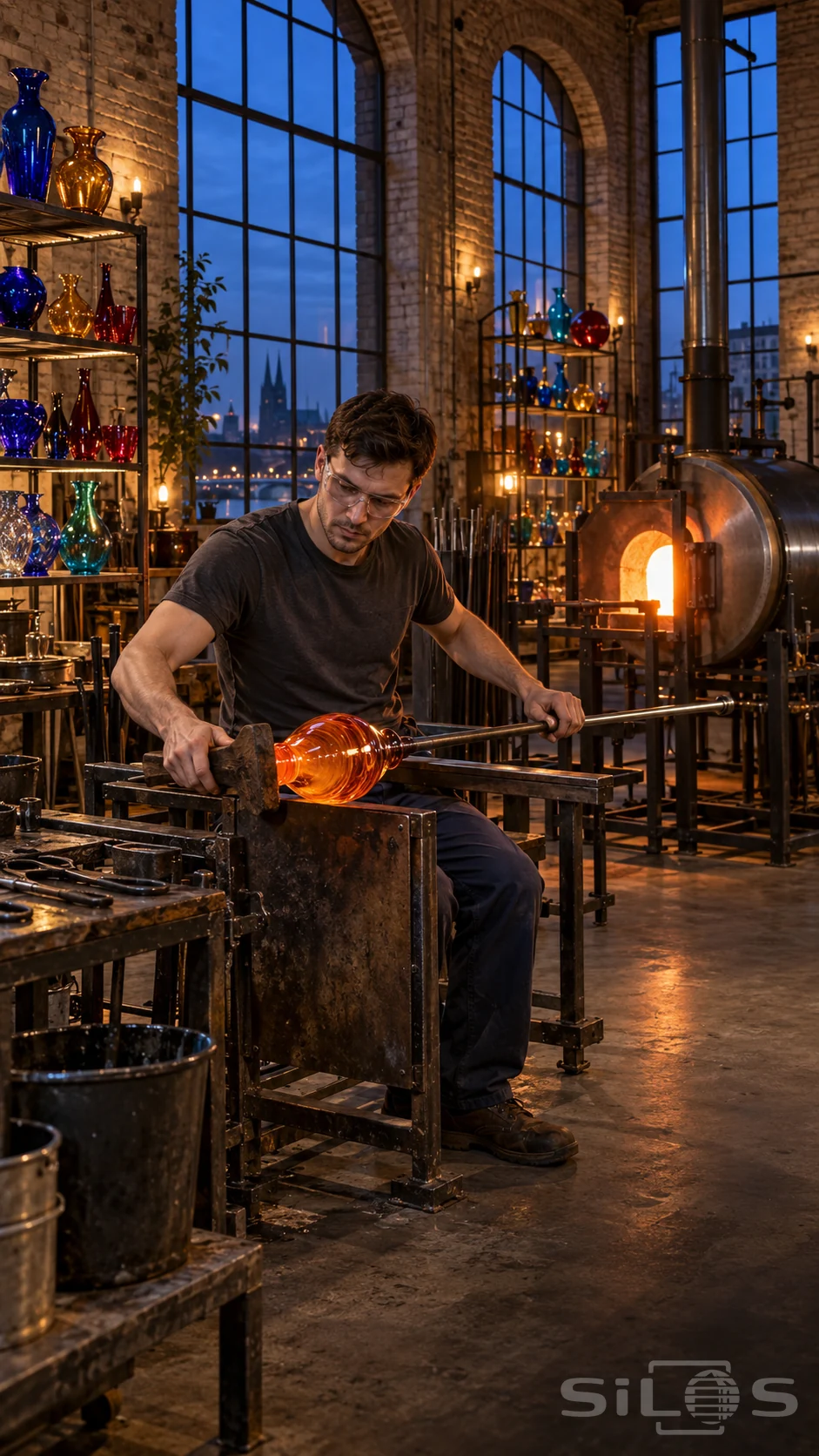 A glassblower works a glowing orange vessel on a long pipe at a bench, with a furnace and colorful glass shelves behind.