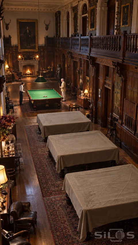 Two small male players stand at a green billiard table in a warmly lit oak hall with three linen-covered tables.