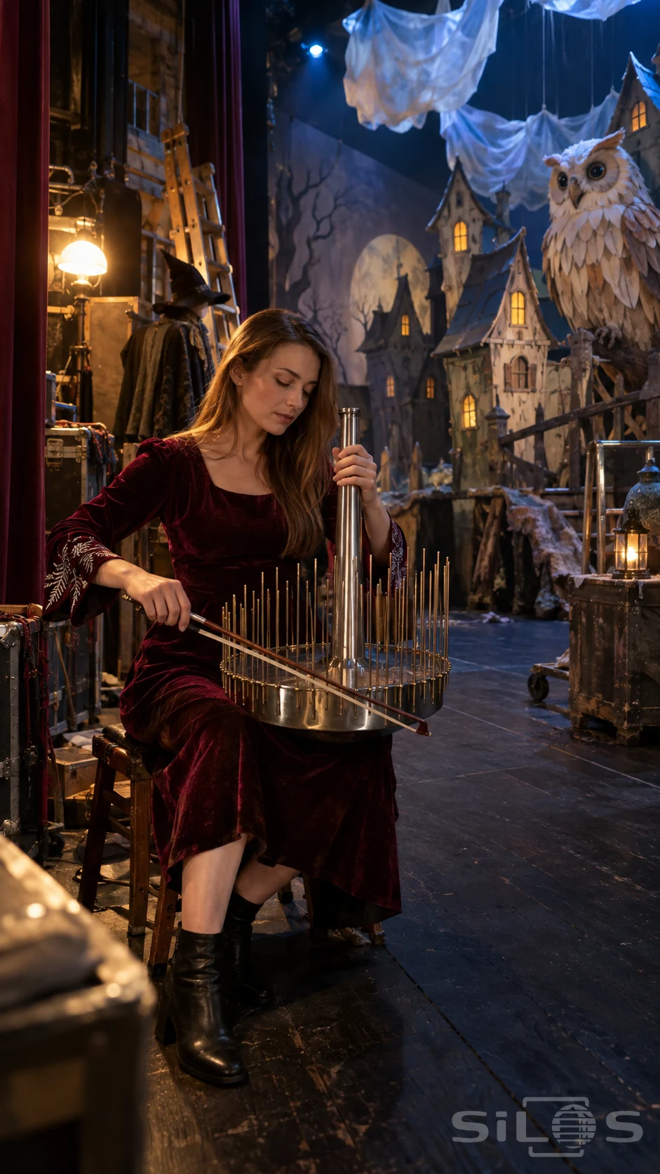 A waterphone performance with an adult musician in a burgundy velvet dress bowing brass rods beside handmade theatre scenery.