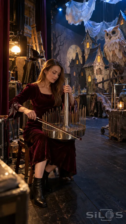 A waterphone performance with an adult musician in a burgundy velvet dress bowing brass rods beside handmade theatre scenery.