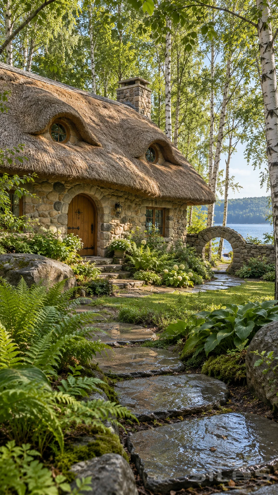A thatched stone cottage with round dormer windows stands among birches beside a lake and a path of wet stepping stones.
