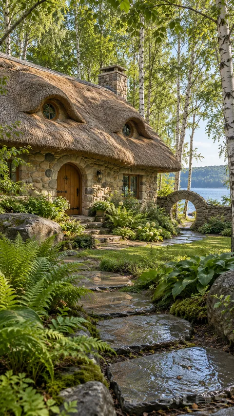 A thatched stone cottage with round dormer windows stands among birches beside a lake and a path of wet stepping stones.