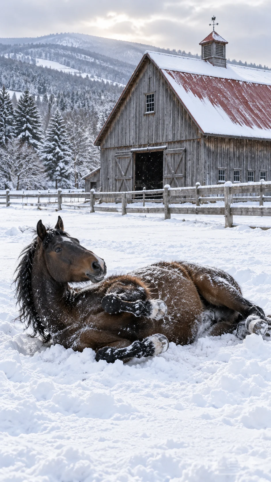 A dark horse pauses during a snow roll beside a winter barn with its folded legs resting above the powder.