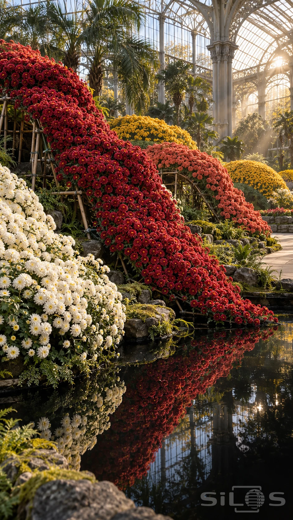 Red, gold and white chrysanthemum cascades curve above a dark pond beneath palms and a glasshouse roof.