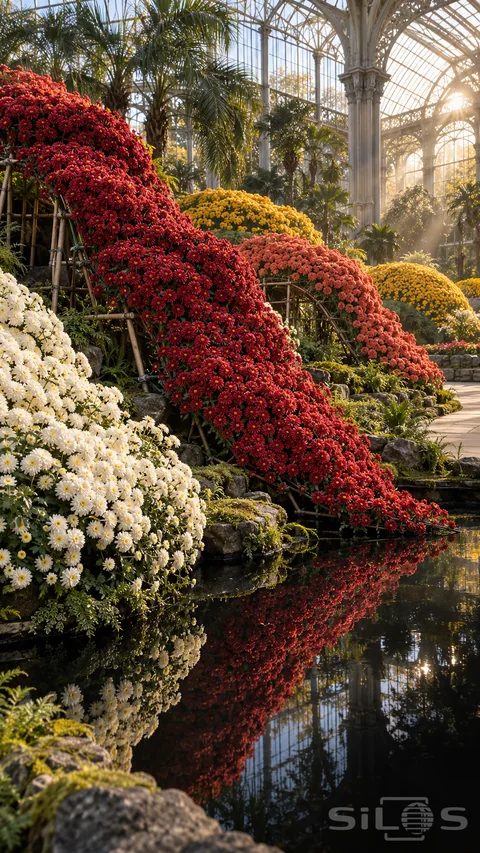 Red; gold and white chrysanthemum cascades curve above a dark pond beneath palms and a glasshouse roof.