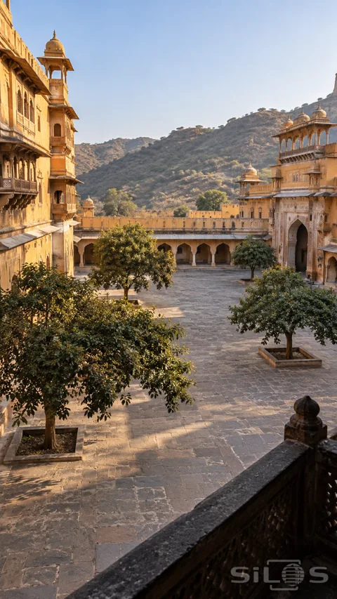 Empty ochre palace courtyard with mature trees; carved balconies; arcades and domed rooftop pavilions beneath dry hills.