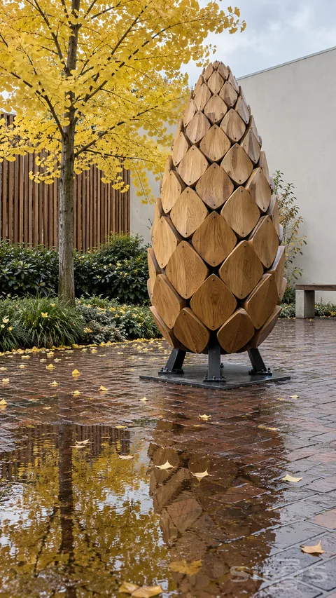 A tall wooden pinecone sculpture stands on steel feet beside a yellow ginkgo tree above wet brick and shallow reflections.