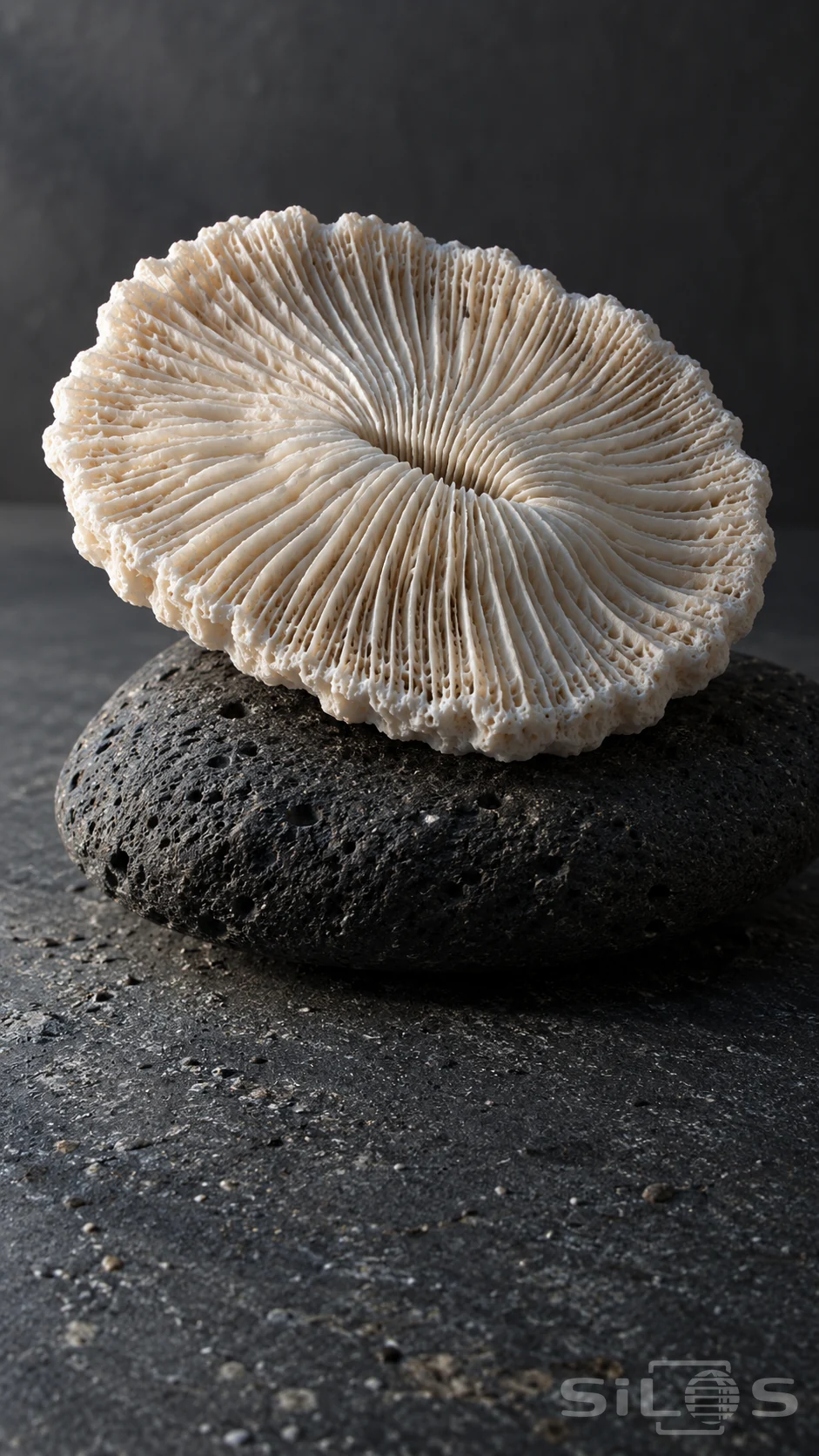 An ivory mushroom coral skeleton with fine radial ridges rests on a dark stone against a charcoal background.