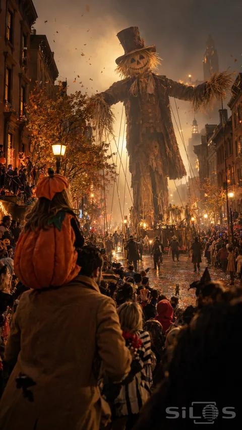 A girl in a pumpkin costume sits on her father's shoulders to watch a gigantic scarecrow float above a crowded Halloween avenue.