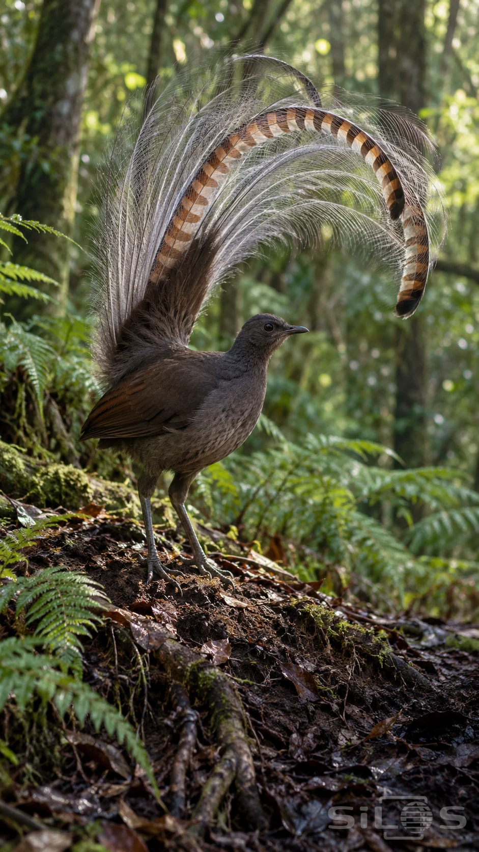A lyrebird stands on a ferny forest floor beneath its raised tail of pale filaments and curved brown-and-cream feathers.