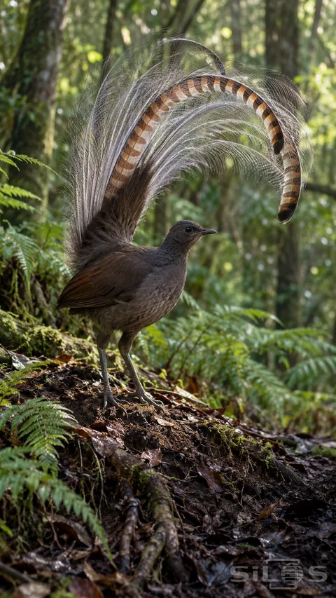 A lyrebird stands on a ferny forest floor beneath its raised tail of pale filaments and curved brown-and-cream feathers.