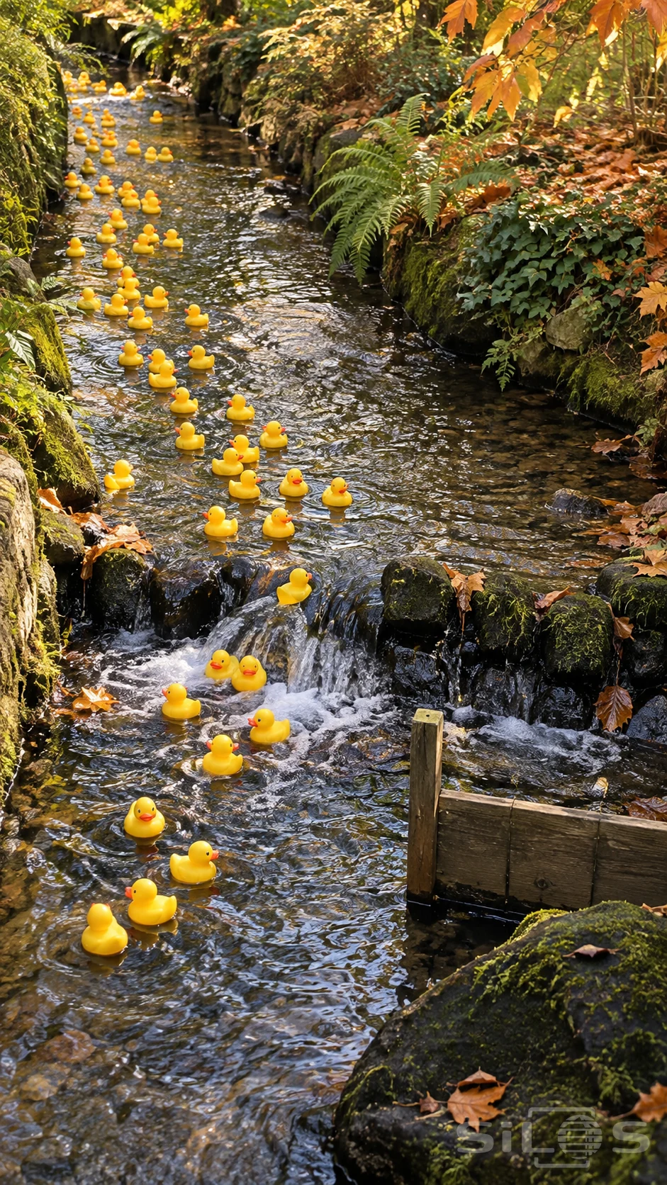 Rubber duck stream with yellow toy ducks floating over a small stone weir between mossy banks, ferns and autumn leaves.