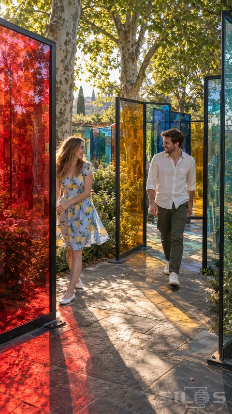 Two adult friends meet among colored glass panels in a garden maze beneath tall trees and bright afternoon sunlight.