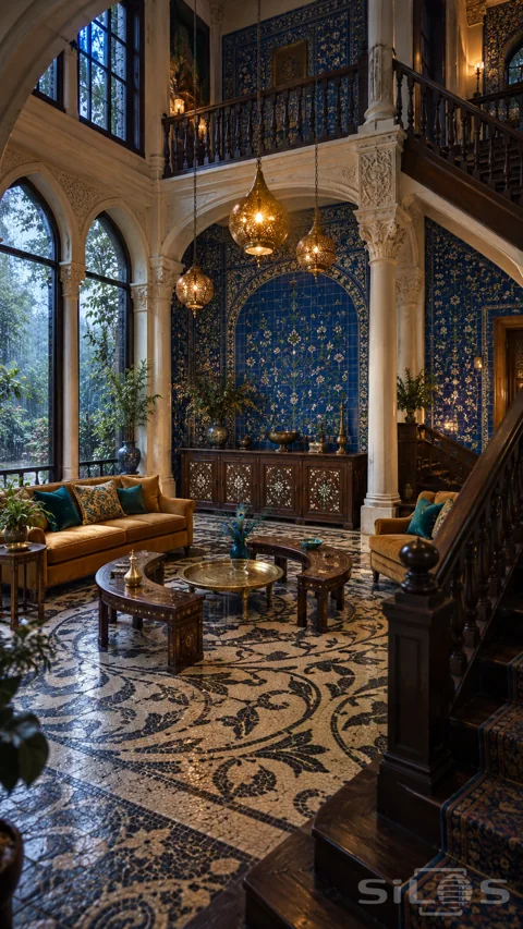 Tall cobalt-tiled salon with carved cream columns; brass pendants; amber sofas; crescent inlaid tables and a botanical mosaic floor.