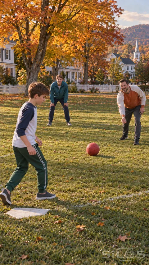 A kickball pitch rolls toward a boy beside home plate while his father and older brother watch the red rubber ball on an autumn field.
