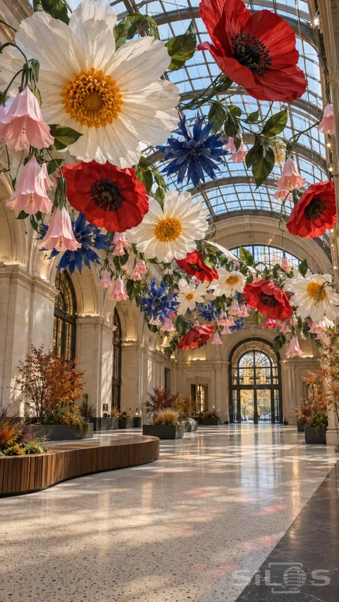 Enormous handmade paper wildflowers hang beneath the glass roof of a tall stone hall with curved benches and autumn planters.