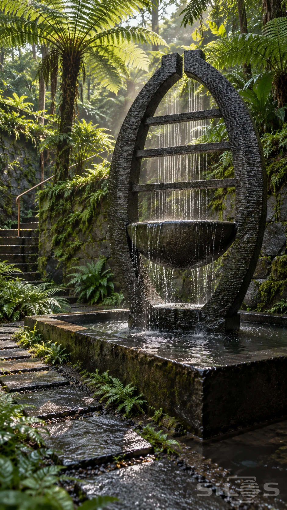 Dark ridged stone harp-shaped fountain with falling water and a bowl inside a lush fern courtyard.