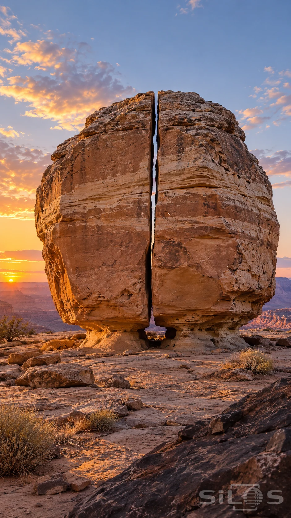 A tall sandstone boulder is split by a narrow vertical crack, with two eroded bases on a desert shelf at sunset.