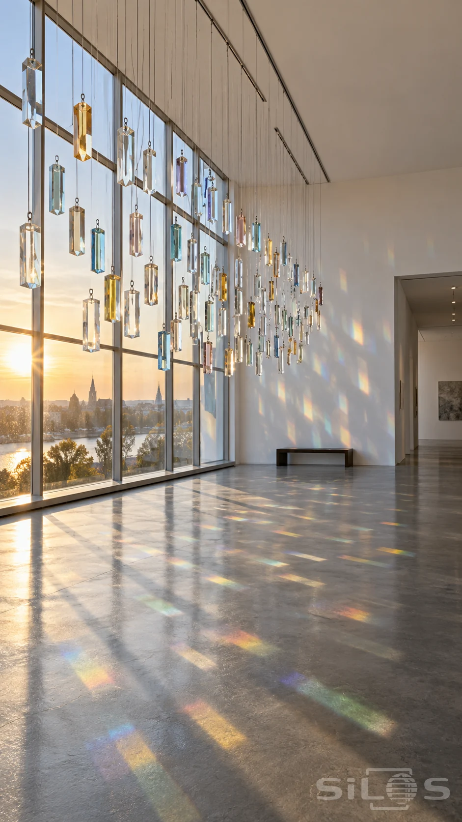 A prism curtain of suspended faceted glass casts rainbow reflections across the white walls and gray floor of an empty gallery.