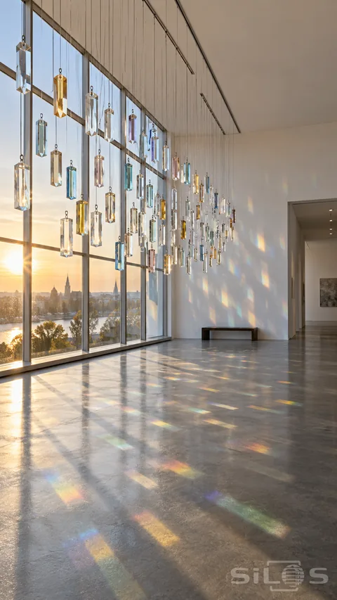 A prism curtain of suspended faceted glass casts rainbow reflections across the white walls and gray floor of an empty gallery.