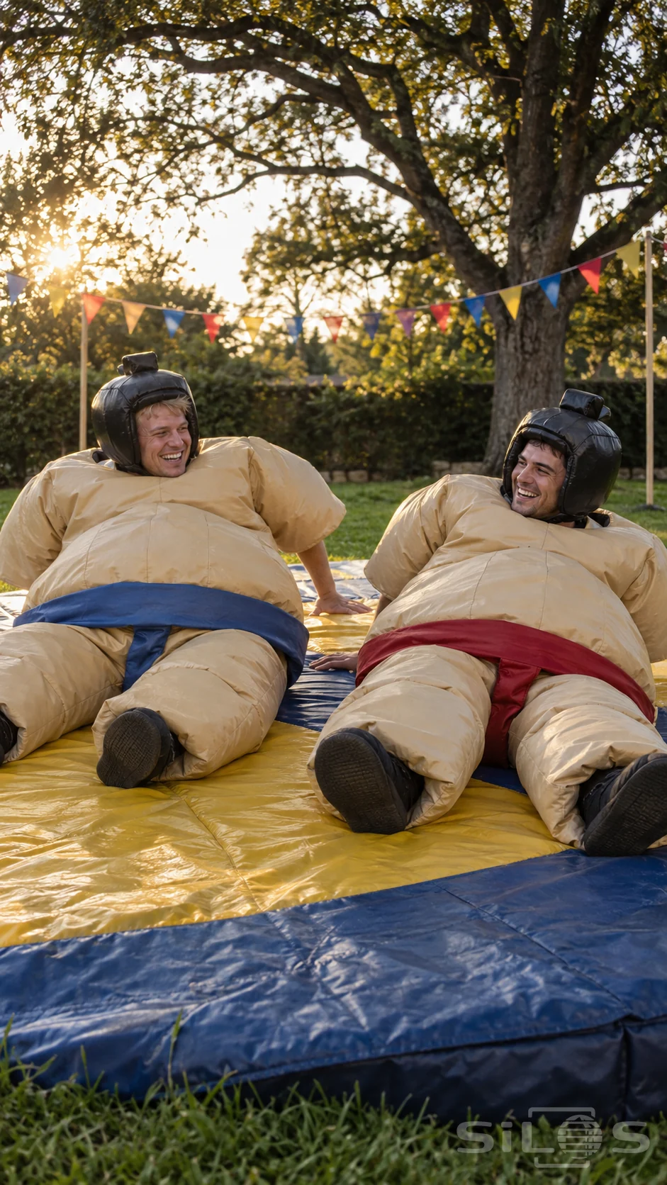Two adult friends in beige sumo party suits with red and blue belts laugh on a padded mat beneath garden bunting.