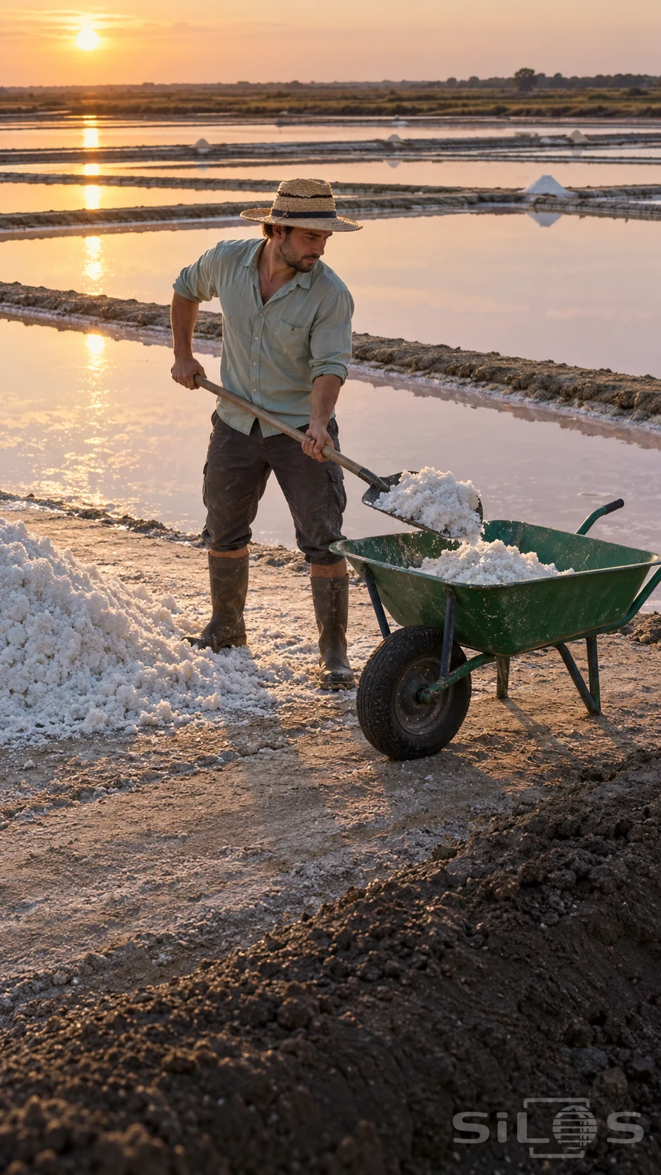A worker lifts coarse white salt into a green wheelbarrow during a salt harvest beside shallow evaporation pans.
